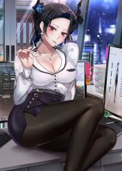 1girl asymmetrical_horns black_hair black_skirt blue_hair breasts cleavage colored_inner_hair demon_horns dress_suit flower hair_ornament highres hololive hololive_english horn_flower horns jewelry large_breasts leather leather_skirt liyan1112 looking_at_viewer mole mole_under_eye multicolored_hair nerissa_ravencroft nerissa_ravencroft_(casual) office office_lady official_alternate_costume official_alternate_hair_length official_alternate_hairstyle pantyhose pencil_skirt red_eyes shirt skirt smile soju solo thigh_focus two-tone_hair uneven_horns virtual_youtuber white_shirt