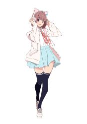 1girl :d animal_ear_headphones animal_ears black_thighhighs blue_skirt blunt_bangs blunt_ends bob_cut brown_hair cat_ear_headphones diagonal-striped_clothes diagonal-striped_necktie fake_animal_ears full_body hands_on_headphones headphones hood hooded_jacket ikizulive!_love_live!_bluebird jacket long_sleeves love_live! miniskirt necktie official_art open_clothes open_jacket open_mouth orange_necktie pink_jacket pleated_skirt purple_eyes sasaki_shion shoes simple_background skirt smile sneakers solo striped_clothes tabata_hisayuki tachi-e thighhighs transparent_background white_shoes zettai_ryouiki