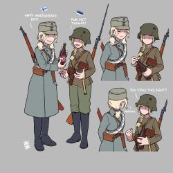 2girls absurdres alcohol bayonet beer blonde_hair bolt_action bottle braid brown_jacket combat_helmet english_text estonian_flag finnish_army finnish_flag green_jacket grey_background gun hat helmet highres jacket long_sleeves military military_hat military_uniform mosin-nagant multiple_girls original ostwindprojekt rifle weapon