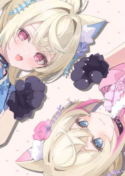 2girls animal_ear_fluff animal_ears animal_hands black_choker blonde_hair blue_eyes blue_hair blush choker close-up commentary dog_ears dog_girl fang flower fuwawa_abyssgard gloves hair_flower hair_intakes hair_ornament heart heart_background highres hololive hololive_english looking_at_viewer medium_hair mococo_abyssgard multicolored_hair multiple_girls open_mouth paru_(parunprunpa) paw_gloves pink_eyes pink_hair siblings sisters skin_fang streaked_hair twins upper_body virtual_youtuber