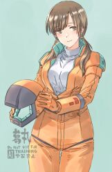 1girl advance_of_zeta avey_alva blue_background bodysuit breasts brown_eyes brown_hair closed_mouth commentary_request commission gloves gundam helmet highres holding holding_helmet large_breasts low_twintails orange_bodysuit orange_gloves simple_background skeb_commission solo suzumaru sweater turtleneck turtleneck_sweater twintails watermark white_sweater zeta_gundam