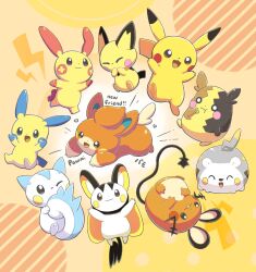 :3 :d :t ^_^ aquabluu arms_up black_eyes brown_eyes buck_teeth character_name closed_eyes closed_mouth commentary creatures_(company) dedenne eating emolga english_commentary english_text food game_freak gen_1_pokemon gen_2_pokemon gen_3_pokemon gen_4_pokemon gen_5_pokemon gen_6_pokemon gen_7_pokemon gen_8_pokemon heart highres holding holding_food holding_own_tail lightning_bolt_symbol minun morpeko morpeko_(full) nintendo no_humans o_o one_eye_closed open_mouth orange_background pachirisu pawmi pichu pikachu plusle pokemon pokemon_(creature) simple_background smile tail teeth togedemaru upside-down