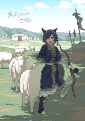 1girl arrow_(projectile) banner black_hair boots borrowed_character bow_(weapon) braid commentary_request deel ear_ornament headband highres holding holding_bow_(weapon) holding_weapon mongolian_clothes notched_ear one_eye_closed open_mouth original outdoors patting polearm quiver recurve_bow red_eyes sheep short_hair spear tomodume translation_request umamusume weapon yurt