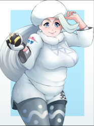1girl blue_eyes breasts dynamax_band earrings fur_collar gloves hat highres holding holding_poke_ball jewelry large_breasts long_hair long_sleeves mature_female melony_(pokemon) multicolored_hair nintendo pantyhose pantyhose_under_shorts pearl_earrings poke_ball pokemon pokemon_swsh shorts side_slit side_slit_shorts single_glove smile solo streaked_hair sweater ultra_ball ushanka white_hat white_sweater xdmn4548