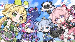 4girls absurdres ahoge blonde_hair blue_eyes blue_hair blue_sky bow cloudy_(wuthering_waves) commentary cosmos_(wuthering_waves) day dress encore_(wuthering_waves) english_commentary fingerless_gloves gloves green_dress green_eyes hair_between_eyes hair_bow heterochromia highres long_hair looking_at_viewer multiple_girls official_art outdoors pink_bow pink_eyes pink_hair roccia_(wuthering_waves) sky smile tacet_mark_(wuthering_waves) twintails verina_(wuthering_waves) white_gloves wuthering_waves yellow_eyes youhu_(wuthering_waves)