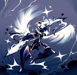 absurdres arm_blade armor blue_armor blue_fire ceruledge fire full_body grey_background highres nintendo playcenter pokemon pokemon_(creature) solo swinging_weapon sword weapon white_fire