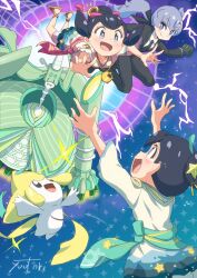 :d anabel_(pokemon) black_eyes black_gloves black_hair black_jacket black_necktie black_pants brother_and_sister celesteela closed_mouth gen_3_pokemon gen_7_pokemon gloves happy_tears highres jacket jewelry jirachi legendary_pokemon liza_(pokemon) liza_(summer_2023)_(pokemon) long_hair looking_at_another mythical_pokemon necklace necktie nintendo official_alternate_costume open_mouth pants pokemon pokemon_(creature) pokemon_masters_ex pokemon_sm purple_eyes purple_hair shirt siblings smile tate_(pokemon) tate_(summer_2023)_(pokemon) tears twins ultra_beast white_shirt you_bird