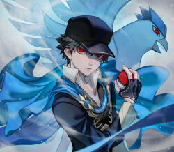 1boy articuno beak black_gloves black_hair black_hat creatures_(company) ecoplasma fingerless_gloves game_freak gen_1_pokemon gloves hat highres legendary_pokemon looking_at_viewer male_focus nintendo official_alternate_costume pokemon pokemon_(creature) pokemon_masters_ex red_(champion)_(pokemon) red_(pokemon) red_eyes