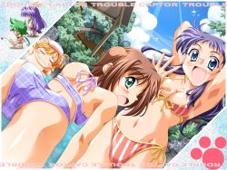 5girls :d =_= armpits arms_up ass bikini blonde_hair blue_eyes blush breasts brown_hair checkered_bikini checkered_clothes chibi cleavage day dutch_angle fang front-tie_top glasses green_eyes green_hair hinomiya_natsuha long_hair looking_back medium_breasts mitsuba_(torakapu!) multiple_girls navel non-web_source ogishima_kayo onsen open_mouth ouki_(torakapu!) outdoors photo_(object) plaid_bikini plaid_clothes purple_hair shizuna_(torakapu!) short_hair side-tie_bikini_bottom smile striped_bikini striped_clothes swimsuit takeya_masami torakapu! wading