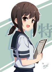 1girl black_hair blue_neckerchief blue_sailor_collar blue_skirt brown_eyes clipboard commentary_request fubuki_(kancolle) highres kantai_collection low_ponytail neckerchief necono_(nekonosora1207) ponytail sailor_collar shirt signature skirt solo translation_request upper_body white_shirt