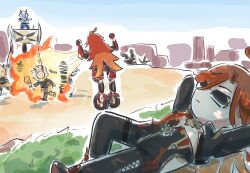 1girl arms_behind_head black_bodysuit black_jacket blonde_hair bodysuit commentary day fire flamestrider_(genshin_impact) genshin_impact hilichurl_(genshin_impact) jacket long_hair lying mavuika_(genshin_impact) multiple_boys on_back open_clothes open_jacket orange_hair outdoors solo_focus sunglasses symbol-only_commentary xinzoruo
