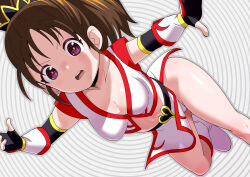 1girl breasts brown_hair character_request cleavage collarbone fingerless_gloves gloves highres long_hair looking_at_viewer navel open_mouth panties ponytail purple_eyes skirt solo toku_sonchou underwear white_background white_panties