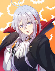 1girl 86_-eightysix- antenna_hair ascot bat_background black_cape black_vest cape fang fang_out gem gloves grey_eyes grey_gemstone grey_hair hair_between_eyes halloween halloween_costume highres kamatanu_free long_hair long_sleeves looking_at_viewer multicolored_hair orange_background shirt solo streaked_hair tongue tongue_out upper_body vampire_costume very_long_hair vest vladilena_millize white_ascot white_gloves white_shirt