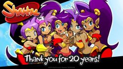 artist_request bandana bandeau blue_eyes breasts circlet cleavage copyright_notice dark-skinned_female dark_skin earrings eyelashes forehead_jewel hair_tubes harem_pants heart_hands_failure high_ponytail highres holding_hands hoop_earrings jewelry logo long_hair medium_breasts midriff multiple_persona navel o-ring o-ring_top official_art one_eye_closed open_mouth pants pointy_ears ponytail purple_hair purple_vest shantae shantae:_half-genie_hero shantae:_risky&#039;s_revenge shantae_(series) shantae_and_the_pirate&#039;s_curse shantae_and_the_seven_sirens smile thank_you v very_long_hair vest