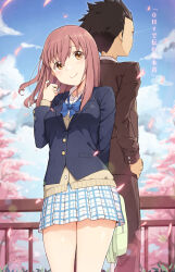 1boy 1girl back-to-back bag black_hair black_jacket blue_bow blue_bowtie blue_skirt blue_sky bow bowtie brown_eyes brown_hair brown_jacket brown_pants cherry_blossoms cloba closed_mouth cloud cloudy_sky collared_shirt highres holding holding_bag ishida_shouya jacket koe_no_katachi long_hair long_sleeves looking_at_viewer nishimiya_shouko pants petals pleated_skirt school_uniform shirt short_hair skirt sky smile spiked_hair sweater tree white_shirt yellow_sweater