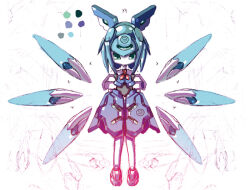 Rule 34 | 1girl, circled 9, cirno, crossover, detached wings, emblem, humanoid robot, looking at viewer, marik (artist), mechanical dress, mechanical wings, mechanization, medarot, metal hair, no mouth, robot, robot girl, solo, spread wings, touhou, wings