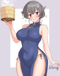 1girl alternate_costume artist_name black_hair blue_dress breasts china_dress chinese_clothes dress food grey_background hair_flaps hair_ornament hairclip highres holding_bamboo_steamer jingei_(kancolle) kantai_collection large_breasts long_hair looking_at_viewer low_ponytail ponytail red_eyes solo steamed_bun yatsurugi