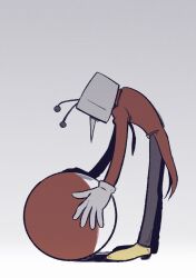 1boy ant_tenna antennae black_necktie black_pants coattails dama8457 deltarune dress_pants dress_shoes from_side full_body gashapon gloves gradient_background grey_background holding jacket leaning_forward long_nose long_sleeves male_focus necktie pants pointy_nose red_jacket shadow shoes simple_background solo spoilers standing television white_gloves yellow_shoes