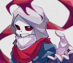 Rule 34 | 1boy, alternate universe, blue eyes, blue jacket, blurry, blurry foreground, chinese commentary, clenched teeth, colored sclera, commentary request, grey background, grey hood, hand up, heterochromia, highres, hood, hood up, hooded jacket, jacket, long sleeves, male focus, multicolored eyes, open clothes, open jacket, paper texture, puffy long sleeves, puffy sleeves, reaching, reaching towards viewer, red eyes, red scarf, red sclera, red sweater, sans (undertale), scarf, simple background, skeleton, solo, sweater, teeth, turtleneck, turtleneck sweater, two-tone eyes, undertale, upper body, upturned eyes, xinjinjumin831306571458