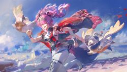 1girl absurdres armlet armor black_bow blue_sky bodysuit boots bow breastplate breasts day hair_bow hairband highres jewelry looking_at_viewer lupa_(wuthering_waves) medium_breasts metal_hairband missing_commentary multiple_hair_bows open_mouth outdoors pink_hair rafaelaaa red_sash running sash sky smile solo tacet_discord_(wuthering_waves) tail thigh_boots twintails white_bodysuit white_boots wolf_tail wrist_guards wuthering_waves yellow_eyes