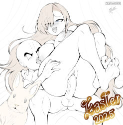 Rule 34 | 1boy, 1girl, animal costume, asuna (blue archive), black eyes, blue archive, blue eyes, blush, breasts, crossover, dragon ball, easter, highres, kuririn, large breasts, large penis, licking nipple, lifting person, long hair, muscular, muscular male, nipple stimulation, pantyhose, penis, pussy, rabbit, rabbit costume, sex, sex from behind, theal3x10, thick thighs, thighs, torn clothes, torn pantyhose, uncensored, vaginal