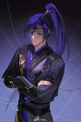 1boy black_background black_gloves black_hair black_hanfu black_headband black_sash blood blue_eyes chinese_clothes chinese_commentary closed_mouth code:_kite fu_rong_(code:_kite) gloves gradient_background hanfu headband high_ponytail highres kkknnnn long_hair long_sleeves looking_at_viewer male_focus partially_fingerless_gloves ponytail purple_background sash shoulder_strap solo string string_of_fate watermark weibo_watermark white_string