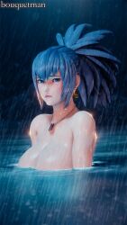 1girl blue_eyes blue_hair bouquetman breasts curvy earrings female_focus huge_breasts jewelry large_breasts leona_heidern long_hair looking_at_viewer nature outdoors pale_skin ponytail rain shiny_skin snk swimming the_king_of_fighters water wet