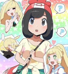1boy 3girls :d :o ? bag black_eyes black_hair blonde_hair blush closed_eyes gladion_(pokemon) green_eyes hair_over_one_eye hat heart highres lillie_(pokemon) long_hair lusamine_(pokemon) multiple_girls nintendo open_mouth pokemon pokemon_sm ponytail red_hat selene_(pokemon) shinozaki_naruse shirt short_hair short_sleeves shoulder_bag smile spoken_question_mark star-shaped_pupils star_(symbol) steepled_fingers sweatdrop symbol-shaped_pupils teeth twitter_username upper_body upper_teeth_only white_shirt yellow_shirt