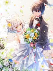 Rule 34 | 1boy, 1girl, animal ear fluff, animal ears, artist name, black bow, black bowtie, black hair, black jacket, blue eyes, bouquet, bow, bowtie, bridal veil, cat ears, cat girl, chest jewel, commentary request, dress, elbow gloves, falling flower, flower, from above, gloves, grey hair, hetero, high ponytail, highres, holding, holding bouquet, jacket, looking at viewer, mio (xenoblade), noah (xenoblade), open mouth, ponytail, rose, short hair, smile, strapless, strapless dress, twitter username, ui frara, veil, wedding dress, wedding suit, white dress, white flower, white gloves, white rose, xenoblade chronicles (series), xenoblade chronicles 3, yellow eyes, yellow flower, yellow rose