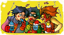 3boys bart_allen batman_(series) black_hair brown_hair dc_comics domino_mask eating flash_(series) flavored_ice food gloves goggles impulse kon-el male_focus mask multiple_boys pixiv_sample resized robin_(dc) s_shield shaved_ice spoon superboy superhero_costume superman_(series) tim_drake tongue young_justice