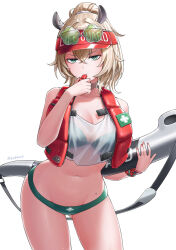 Rule 34 | 1girl, absurdres, bikini, bikini under clothes, blonde hair, blowing whistle, commentary, cowboy shot, crossed bangs, double-parted bangs, english commentary, eyewear on head, gluteal fold, green-tinted eyewear, green bikini, green eyes, hair between eyes, hat, high ponytail, highres, indie virtual youtuber, lifeguard, looking at viewer, navel, nimi nightmare, nimi nightmare (lifeguard), official alternate costume, ponytail, red hat, red vest, see-through tank top, short hair, simple background, solo, sunglasses, swimsuit, tank top, tinted eyewear, vest, visor cap, whistle, white background, white tank top, yubaest