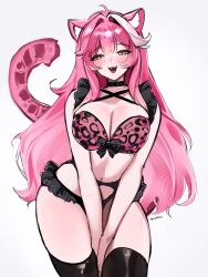 Rule 34 | 1girl, :d, ahoge, animal ear fluff, animal ears, animal print, black choker, black garter belt, black thighhighs, blush, bra, breasts, cat ears, cat girl, cat tail, choker, cleavage, fangs, frills, garter belt, hair intakes, highres, hololive, hololive english, large breasts, leopard print, long hair, looking at viewer, microskirt, multicolored hair, navel, open mouth, pink bra, pink hair, print bra, raora panthera, sakichka, simple background, skirt, smile, solo, streaked hair, tail, thighhighs, thighs, underwear, very long hair, virtual youtuber, white background, yellow eyes