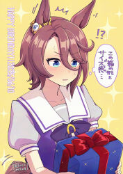 1girl ^^^ animal_ears asymmetrical_bangs blue_eyes blush bow bowtie box brown_hair dated ear_ornament gift gift_box hair_between_eyes happy_birthday hi_(ibisf5umauma) highres holding holding_gift horse_ears horse_girl horse_tail motion_lines narita_taishin_(umamusume) parted_lips puffy_short_sleeves puffy_sleeves sailor_collar school_uniform short_hair short_sleeves solo sparkle speech_bubble sweatdrop tail thought_bubble tracen_school_uniform umamusume upper_body