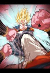2boys afterimage blonde_hair blue_pants blue_shirt boots clenched_hands dougi dragon_ball dragonball_z gloves highres majin_buu medium_hair multiple_boys orange_shirt pants pov punching ruto830 shirt solo_focus spiked_hair super_buu super_saiyan super_saiyan_1 vegetto white_footwear white_gloves white_pants