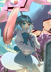 Rule 34 | 1girl, absurdres, blue eyes, blue hair, blue vest, blueray, blurry, blurry background, commentary request, cross-laced clothes, heterochromia, highres, holding, holding umbrella, karakasa obake, long sleeves, looking at viewer, purple umbrella, red eyes, short hair, solo, tatara kogasa, touhou, u u zan (style), umbrella, vest