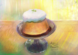 airihanezora artist_name cake_stand clip_studio_paint_(medium) commentary_request dated dessert food food_focus herb no_humans original pudding signature still_life table wooden_table
