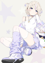 1girl arm_between_legs bare_shoulders blonde_hair bra_strap breasts choker commentary_request dot_nose expressionless grey_background head_tilt highres hololive hololive_dev_is jacket jewelry kani_biimu knee_up leg_warmers long_sleeves looking_at_viewer miniskirt multicolored_hair necklace off-shoulder_shirt off_shoulder open_clothes open_jacket purple_eyes purple_footwear purple_skirt revision shirt shoe_soles short_hair short_shorts shorts shorts_under_skirt sitting skirt small_breasts solo streaked_hair thighhighs todoroki_hajime todoroki_hajime_(1st_costume) two_side_up virtual_youtuber white_jacket white_shirt white_thighhighs