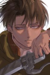 Rule 34 | 1boy, brown hair, grey eyes, gun, half-closed eyes, hand up, highres, holding, holding gun, holding weapon, levi (shingeki no kyojin), looking to the side, male focus, pa hoi2, parted bangs, parted lips, shingeki no kyojin, short hair, simple background, solo, teeth, twitter username, weapon, white background