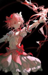 1girl absurdres arrow_(projectile) black_background bow bow_(weapon) bow_choker bubble_skirt buttons center_frills chest_jewel choker collarbone commentary_request cowboy_shot determined drawing_bow dress dress_bow fire frilled_dress frilled_skirt frilled_sleeves frills gem gloves hair_between_eyes hair_bow hetero highres holding holding_arrow holding_bow_(weapon) holding_weapon kaname_madoka kotowaza light_frown looking_ahead loose_hair_strand magical_girl mahou_shoujo_madoka_magica mahou_shoujo_madoka_magica_(anime) miniskirt parted_lips pink_dress pink_fire pink_gemstone pink_hair pink_ribbon puffy_short_sleeves puffy_sleeves red_bow red_choker red_eyes ribbon short_dress short_hair short_sleeves short_twintails simple_background skirt solo square_neckline standing twintails weapon white_bow white_gloves white_skirt white_sleeves yellow_eyes
