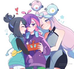 Rule 34 | 3girls, arm hug, bare shoulders, black hair, black shirt, black shorts, blue hair, blue hoodie, blush, bow-shaped hair, closed eyes, closed mouth, dot (pokemon), gen 4 pokemon, green pants, hair over one eye, headphones, headphones around neck, heart, highres, hood, hoodie, hug, iono (pokemon), jacket, liko (pokemon), long hair, long sleeves, looking at another, medium hair, multiple girls, ni12345670, nintendo, one eye closed, open mouth, pants, pink eyes, pink hair, pokemon, pokemon (anime), pokemon horizons, pokemon sv, purple eyes, purple jacket, rotom, rotom phone, shirt, short hair, shorts, sleeveless, sleeveless hoodie, twintails, very long hair, white background, white shorts, yuri