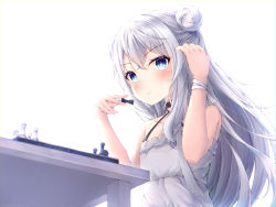 Rule 34 | + +, 1girl, absurdres, azur lane, bare shoulders, blue eyes, blush, board game, chess, chess piece, closed mouth, collarbone, commentary request, criss-cross halter, dress, female focus, flat chest, hair between eyes, halterneck, highres, ichizon, korean commentary, le malin (azur lane), le malin (sleepy sunday) (azur lane), long hair, looking at viewer, ribbon, sidelocks, silver hair, simple background, sitting, sleeveless, sleeveless dress, solo, symbol-shaped pupils, table, very long hair, white background, white dress, wrist ribbon