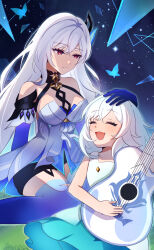 Rule 34 | 2girls, absurdres, bare shoulders, blue butterfly, blush, breasts, bug, butterfly, closed eyes, closed mouth, collarbone, dress, dual persona, genshin impact, guitar, hair between eyes, hand on another&#039;s head, highres, holding, holding guitar, holding instrument, insect, instrument, large breasts, long hair, looking at another, multiple girls, open mouth, red eyes, sitting, skirk (genshin impact), sky, sleeveless, sleeveless dress, smile, star (sky), starry sky, very long hair, wariza, white dress, white hair, yukiusa 673