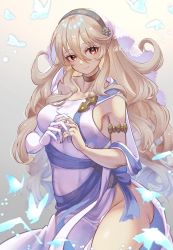 1girl absurdres blonde_hair breasts bug butterfly cleavage corrin_(female)_(adrift)_(fire_emblem) corrin_(female)_(fire_emblem) corrin_(fire_emblem) dress fire_emblem fire_emblem_fates gloves hair_between_eyes hair_ornament hairband highres insect jewelry karashino long_hair looking_at_viewer nintendo official_alternate_costume pointy_ears red_eyes simple_background single-shoulder_dress single_glove smile solo white_dress