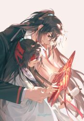 1boy age_progression black_eyes black_hair black_sleeves black_vest collared_shirt crying hand_on_another&#039;s_hand heterochromia highres holding_kite hong_lu_(project_moon) kite limbus_company long_hair mugglesix open_mouth pink_background project_moon red_blindfold robe shirt simple_background smile streaming_tears string sunlight tears teeth twitter_username upper_body very_long_hair vest white_robe white_shirt wide_sleeves