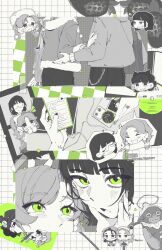 2girls :d ^_^ aeriselle artist_name bag blunt_bangs braid cellphone chain charm_(object) checkered_background chibi close-up closed_eyes commentary cropped_legs earphones eighth_note food fruit glasses green_eyes grid_background hand_on_another&#039;s_arm head_only head_out_of_frame headphones highres holding holding_phone jacket jewelry kininatteru_hito_ga_otoko_ja_nakatta koga_mitsuki multiple_girls multiple_views musical_note nail_polish nirvana_(band) oosawa_aya open_mouth pants parted_bangs partially_colored phone photo_(object) play_button portrait quarter_note ring shared_earphones short_eyebrows shoulder_bag smartphone smile strawberry thick_eyebrows twin_braids vinyl_record