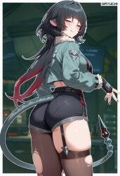 1girl absurdres animal_ears ass black_hair blush breasts come_hither fingerless_gloves from_behind gayuchi gloves gradient_hair green_eyes highres jacket jane_doe_(zenless_zone_zero) long_hair looking_at_viewer mouse_ears mouse_girl mouse_tail multicolored_hair naughty_face pantyhose pantyhose_under_shorts red_hair short_shorts shorts sideboob smile solo tail thick_thighs thighhighs thighs tongue tongue_out torn_clothes torn_pantyhose very_long_hair zenless_zone_zero