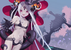 1girl abigail_williams_(fate) abigail_williams_(swimsuit_foreigner)_(fate) abigail_williams_(swimsuit_foreigner)_(first_ascension)_(fate) bare_shoulders beckoning bikini black_bikini black_bow blue_sky bow breasts collarbone colored_skin corruption dark_persona double_bun fate/grand_order fate_(series) forehead hair_bow hair_bun keyhole long_hair looking_at_viewer navel open_mouth orange_bow outstretched_arm parted_bangs possessed possession reaching reaching_towards_viewer red_eyes ryofuhiko sidelocks sky small_breasts smile solo swimsuit thighs third_eye twintails very_long_hair white_hair white_skin yog-sothoth