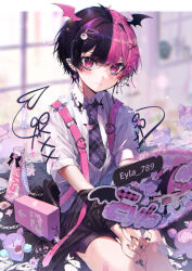 1boy aegyo_sal androgynous bishounen character_name collared_shirt commentary cross-laced_clothes cross-laced_sleeves decora demon_boy demon_wings ear_piercing earrings eita_789 emergency_exit exit_sign eyeball_hair_ornament eyla_(eita_789) goth_fashion hair_intakes hair_ornament hairclip head_wings highres jewelry looking_at_viewer male_focus multicolored_hair multiple_earrings necktie original piercing pink_theme pointy_ears ring shirt split-color_hair symbol-only_commentary trap two-tone_hair wings x_hair_ornament yami_kawaii
