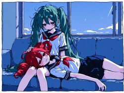 2girls :3 ahoge aqua_eyes aqua_hair blue_skirt blue_sky blush cloud commentary couch dot_nose double-parted_bangs drill_hair empty_eyes flat_chest hair_between_eyes hatsune_miku headpat highres indoors jitome kasane_teto lap_pillow long_hair looking_at_viewer medium_hair messy_hair mochi_(user_ters7875) multiple_girls neckerchief on_couch pleated_skirt red_eyes red_hair red_neckerchief school_uniform serafuku shirt short_sleeves sitting skirt sky sleepy smug symbol-only_commentary twin_drills twintails utau vocaloid white_shirt