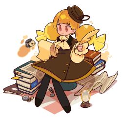 Rule 34 | 1girl, 48okku, artist name, ascot, black pantyhose, black shoes, blonde hair, blunt bangs, book, book stack, brown dress, brown hat, buttons, candy, closed mouth, coffee candy cookie, commentary, cookie run, cookie run: ovenbreak, double-breasted, dress, english commentary, food, food-themed hair, frilled sleeves, frills, from above, frown, full body, hat, holding, holding paper, holding quill, humanization, knees together feet apart, light bulb, long hair, long sleeves, looking at object, low twintails, no nose, no pupils, no sclera, on chair, pantyhose, paper, puffy long sleeves, puffy sleeves, quill, red eyes, screw, scroll, shirt, shoes, simple background, sitting, solo, sweat, sweatdrop, tilted headwear, top hat, twintails, welling inkwell, white ascot, white background, white shirt, wrapped candy